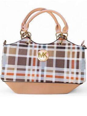 Michael Kors Plaid Tote with Tan Leather Trim